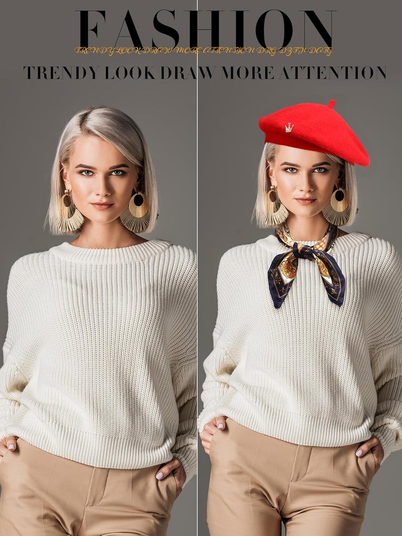 Jamntower 3 Pcs Wool Beret Solid Color French Beanie Hat with Silky Scarf Brooch for Women Girls Gift - Image 5